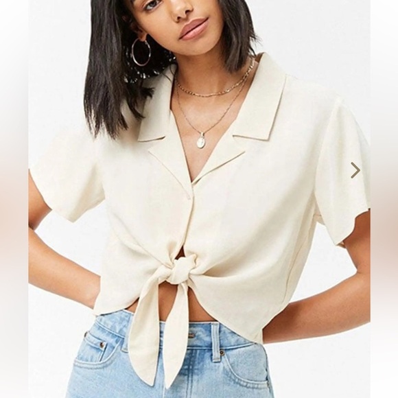 Cream Tie-Front Women's Top - Picture 1 of 4